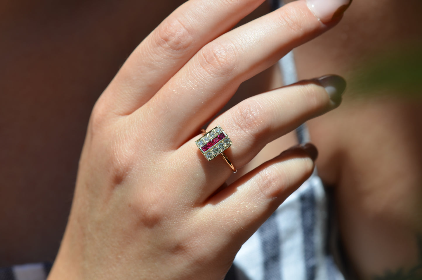 Sleek Late Edwardian Ruby and Diamond Panel Ring