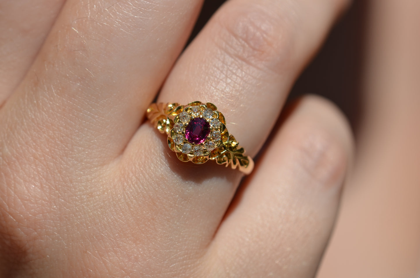 Elegant Victorian Ruby and Diamond Halo Ring