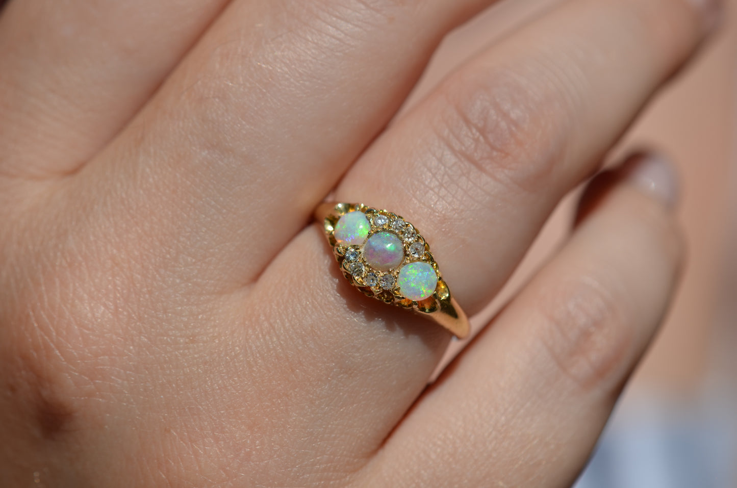 Romantic Victorian Diamond and Opal Trilogy Ring