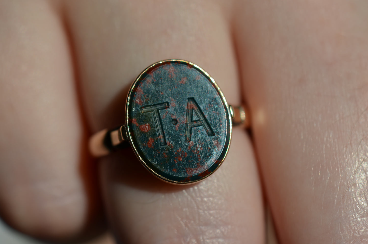 Engraved Antique Bloodstone Signet Ring TA