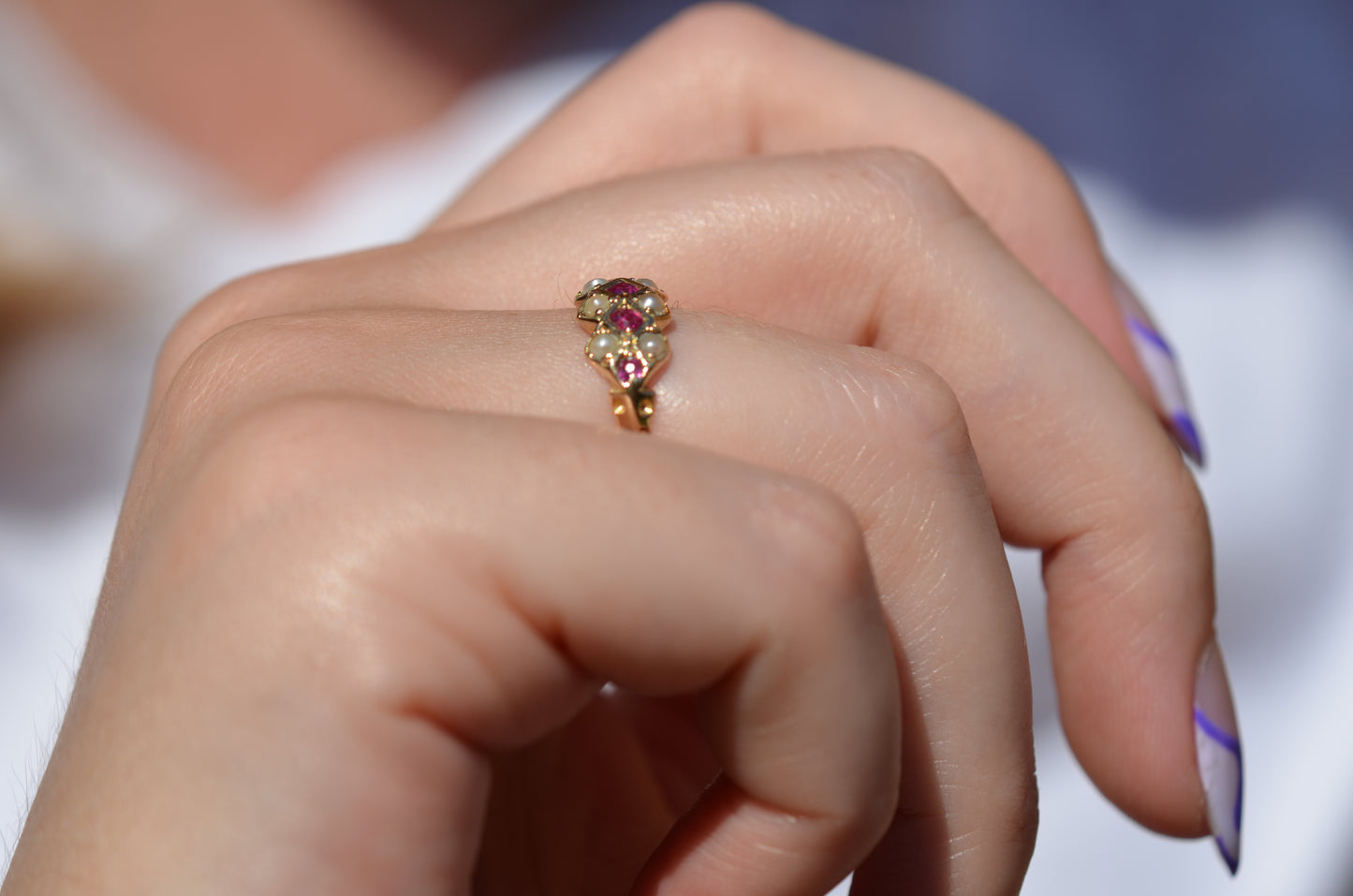 Chic Antique Pearl and Ruby Checkerboard Ring
