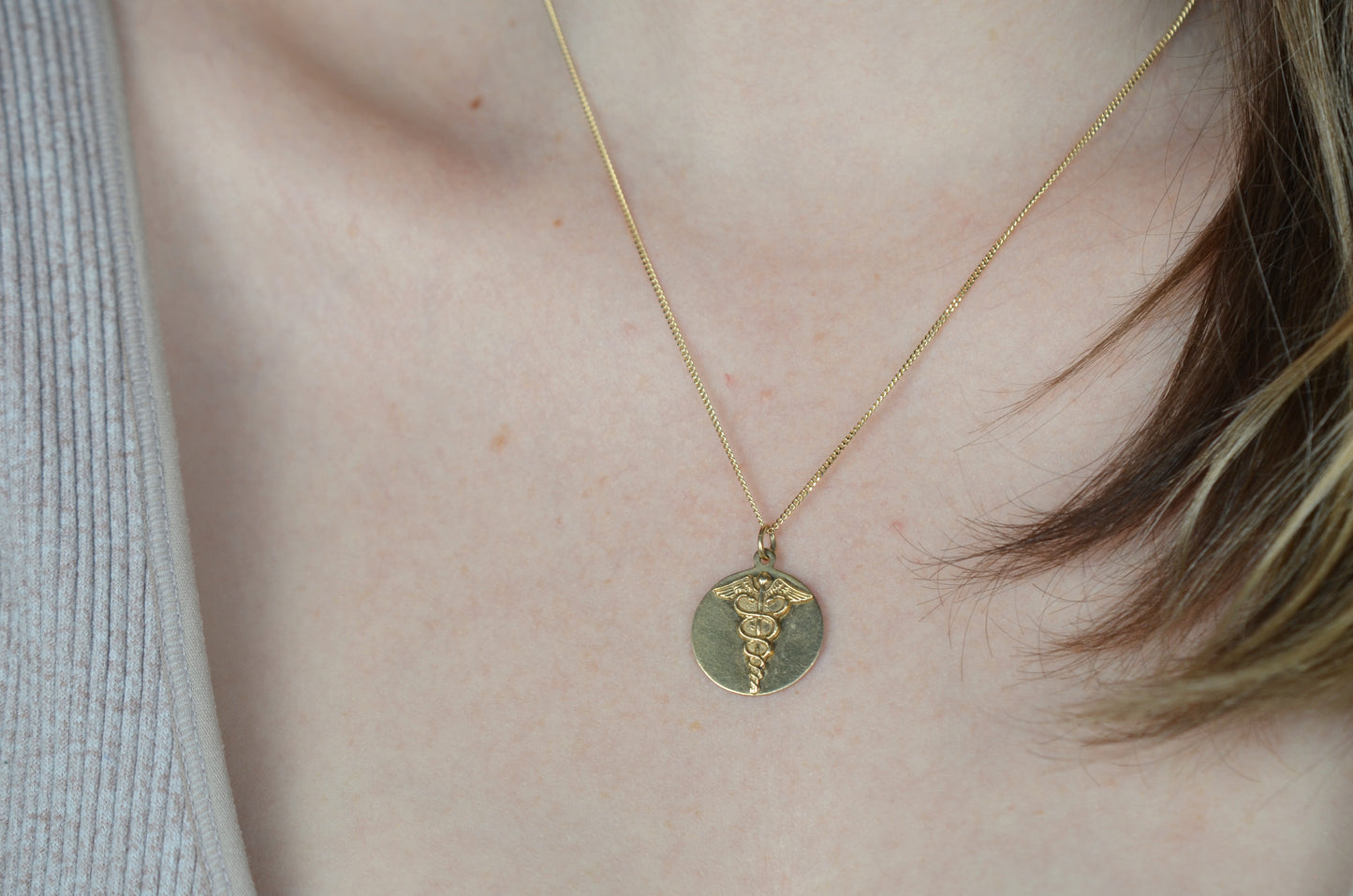 Heavy Vintage Caduceus Coin Pendant