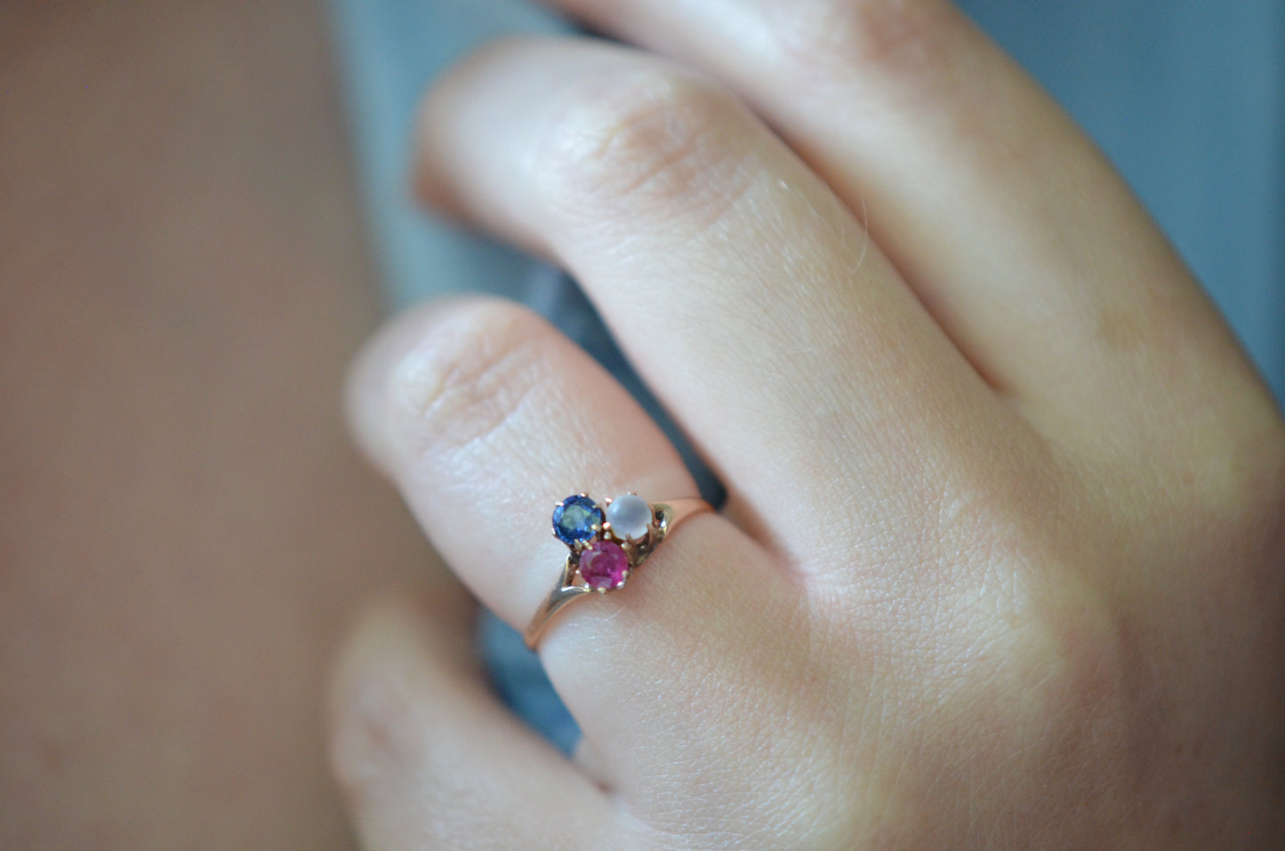 Delicate Moonstone, Ruby, and Sapphire Clover Ring