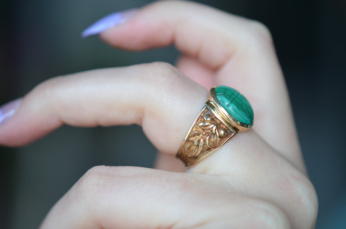 Glamorous Vintage Malachite Scarab Ring