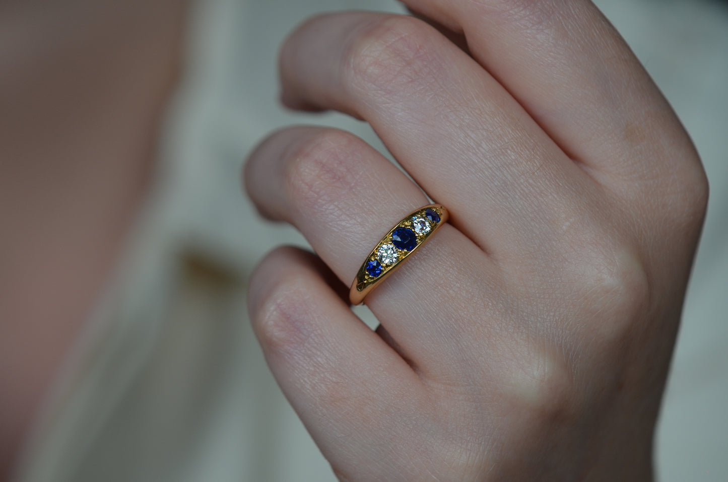 Dramatic Sapphire and Diamond Boat Ring 1898