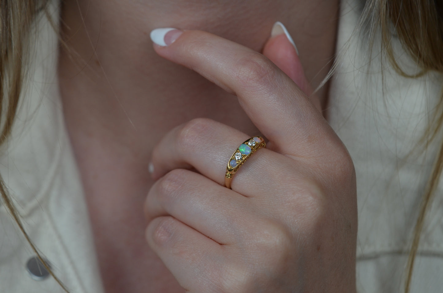 Otherworldly Opal and Diamond Boat Ring 1918