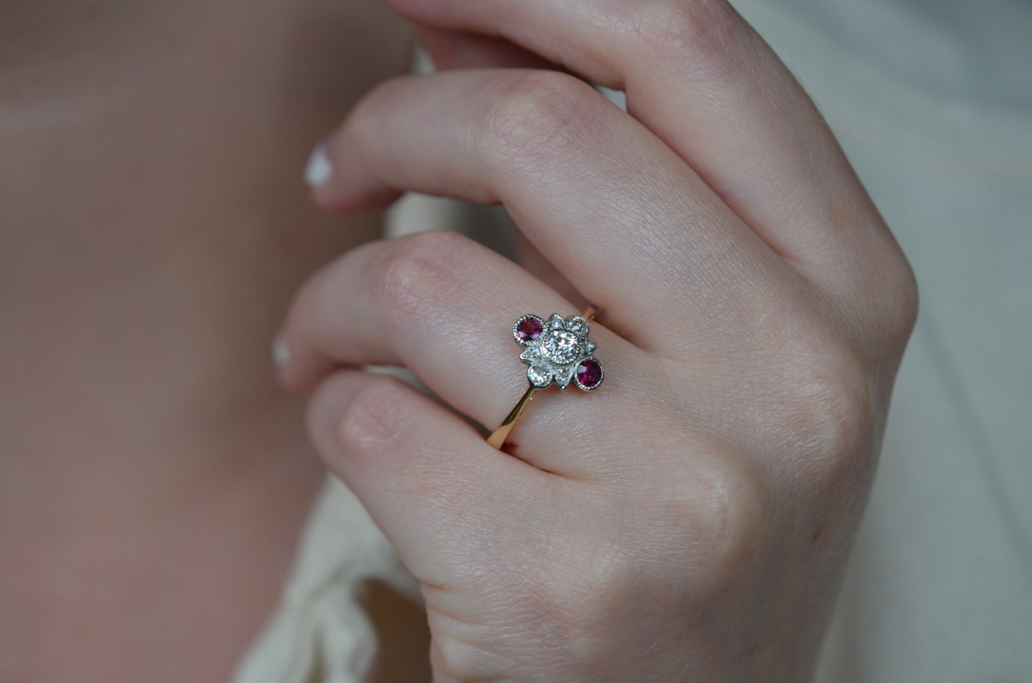 Standout Geometric Deco Diamond and Ruby Ring