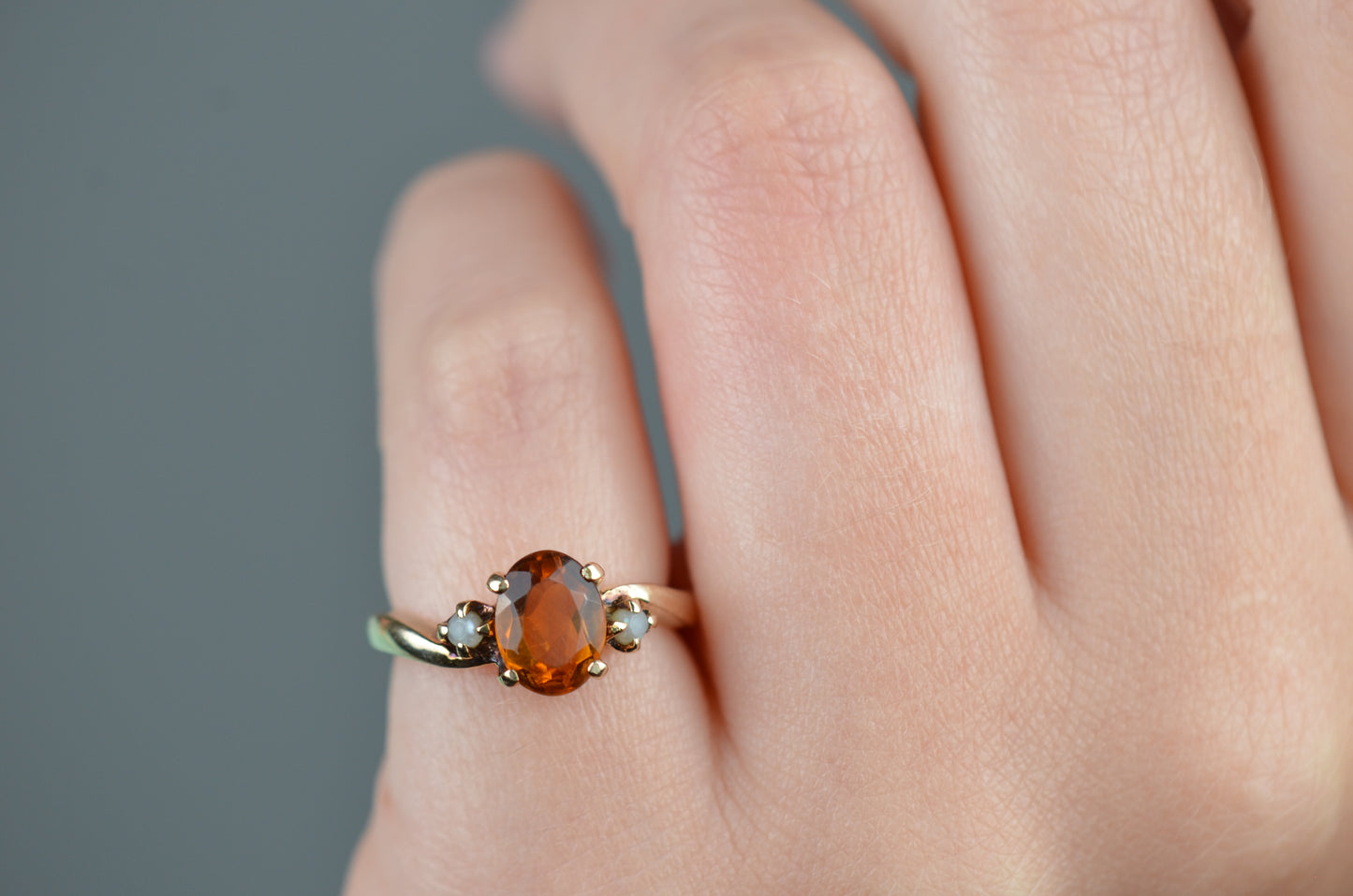 Golden Vintage Citrine and Pearl Ring