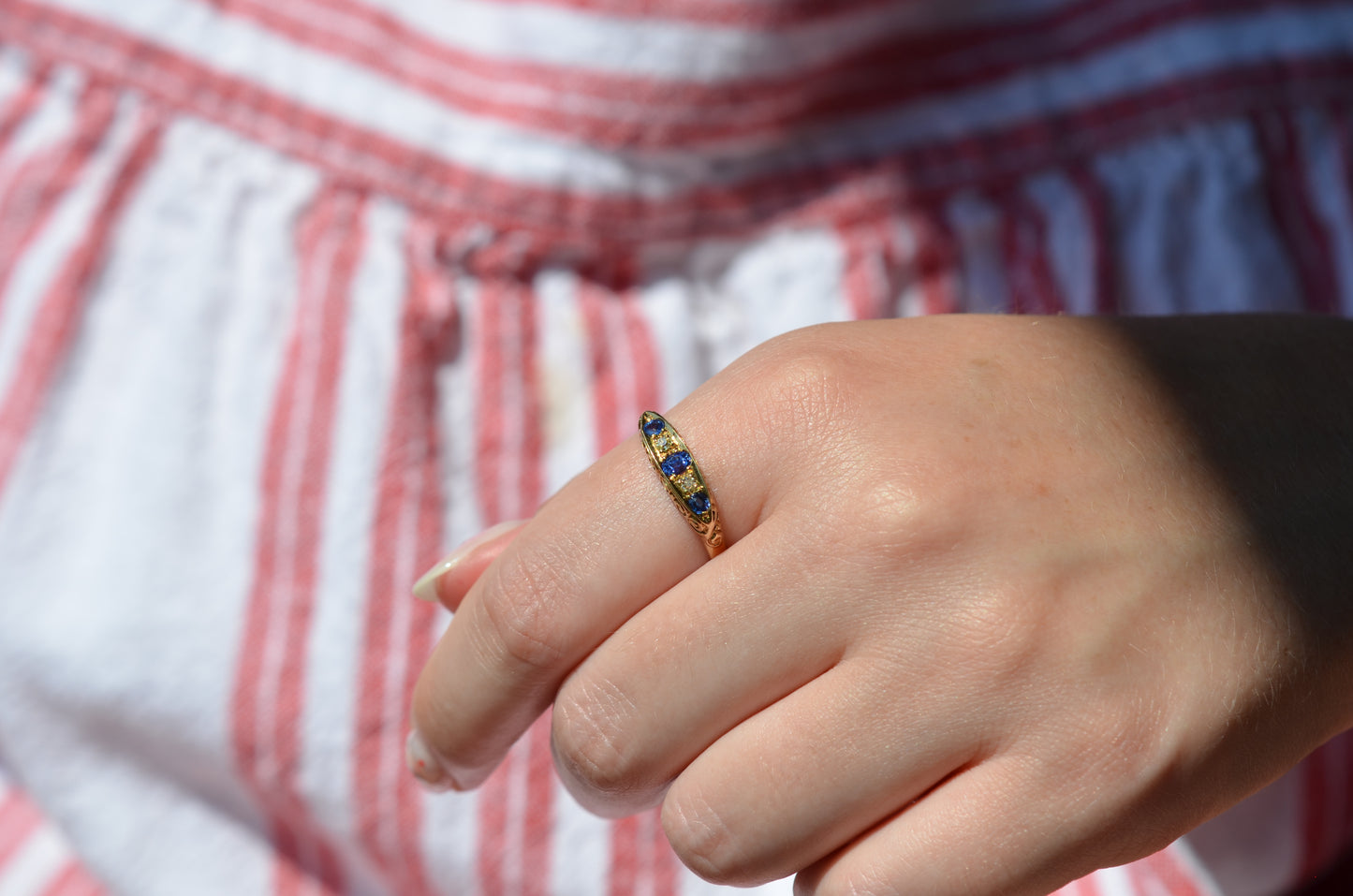 Vivid Edwardian Sapphire Diamond Boat Ring