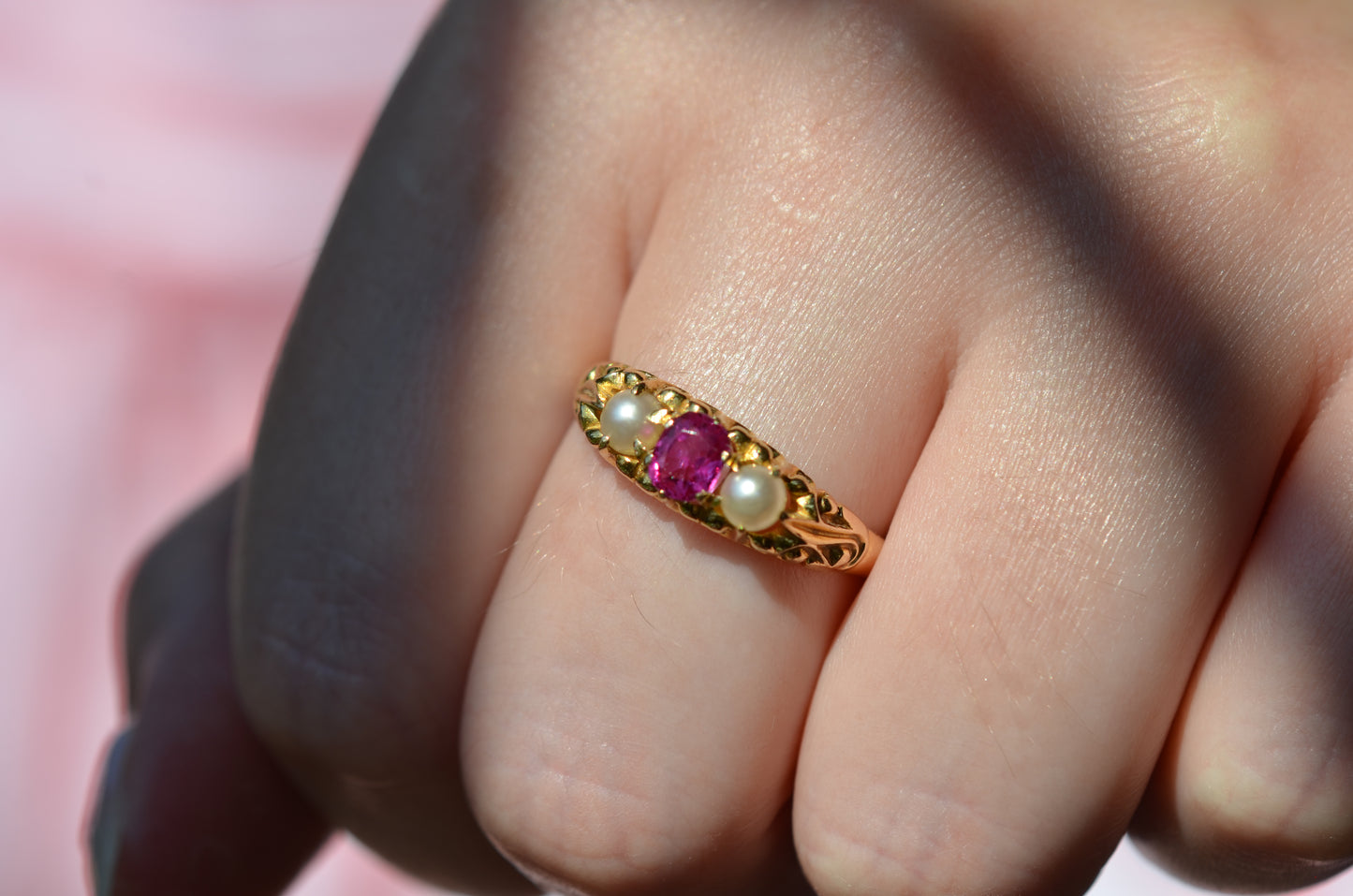 Vibrant Vintage Pink Sapphire and Pearl Ring