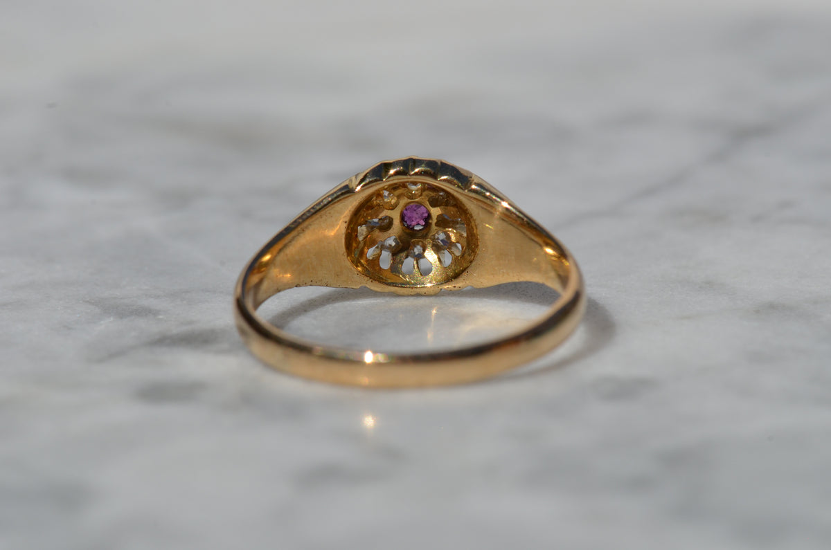 Scintillating Antique Ruby Halo Belcher Ring
