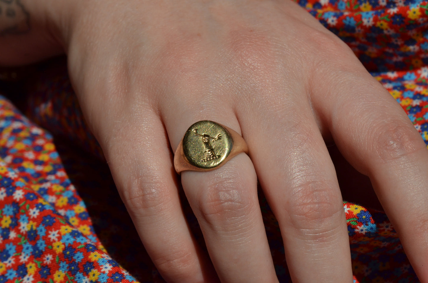 Heavy Midcentury Crest Signet Ring