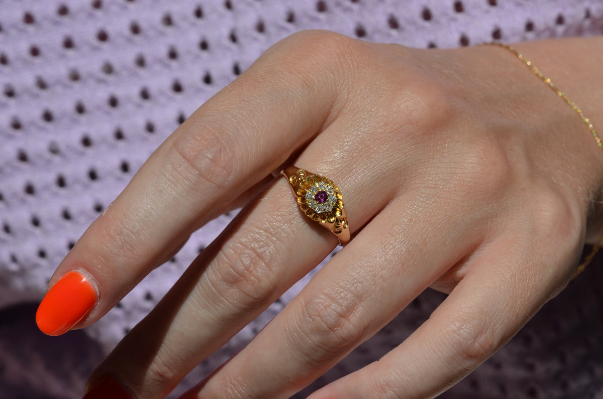 Scintillating Antique Ruby Halo Belcher Ring