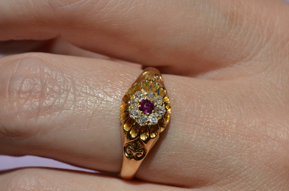 Scintillating Antique Ruby Halo Belcher Ring