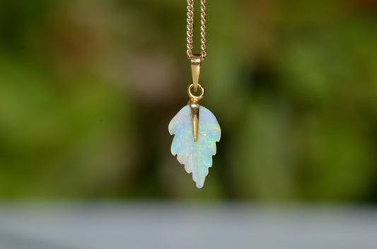 Dainty Vintage Carved Opal Leaf Pendant