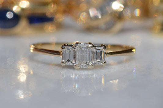 Chic Vintage Emerald Cut Diamond Trilogy Ring