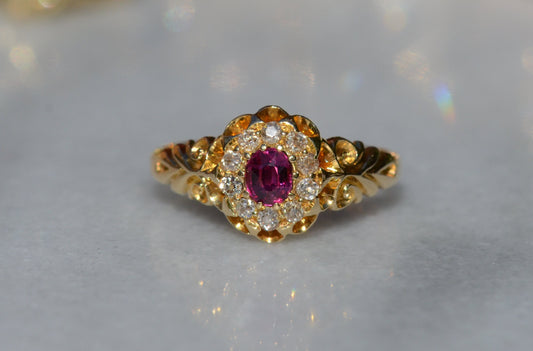 Elegant Victorian Ruby and Diamond Halo Ring