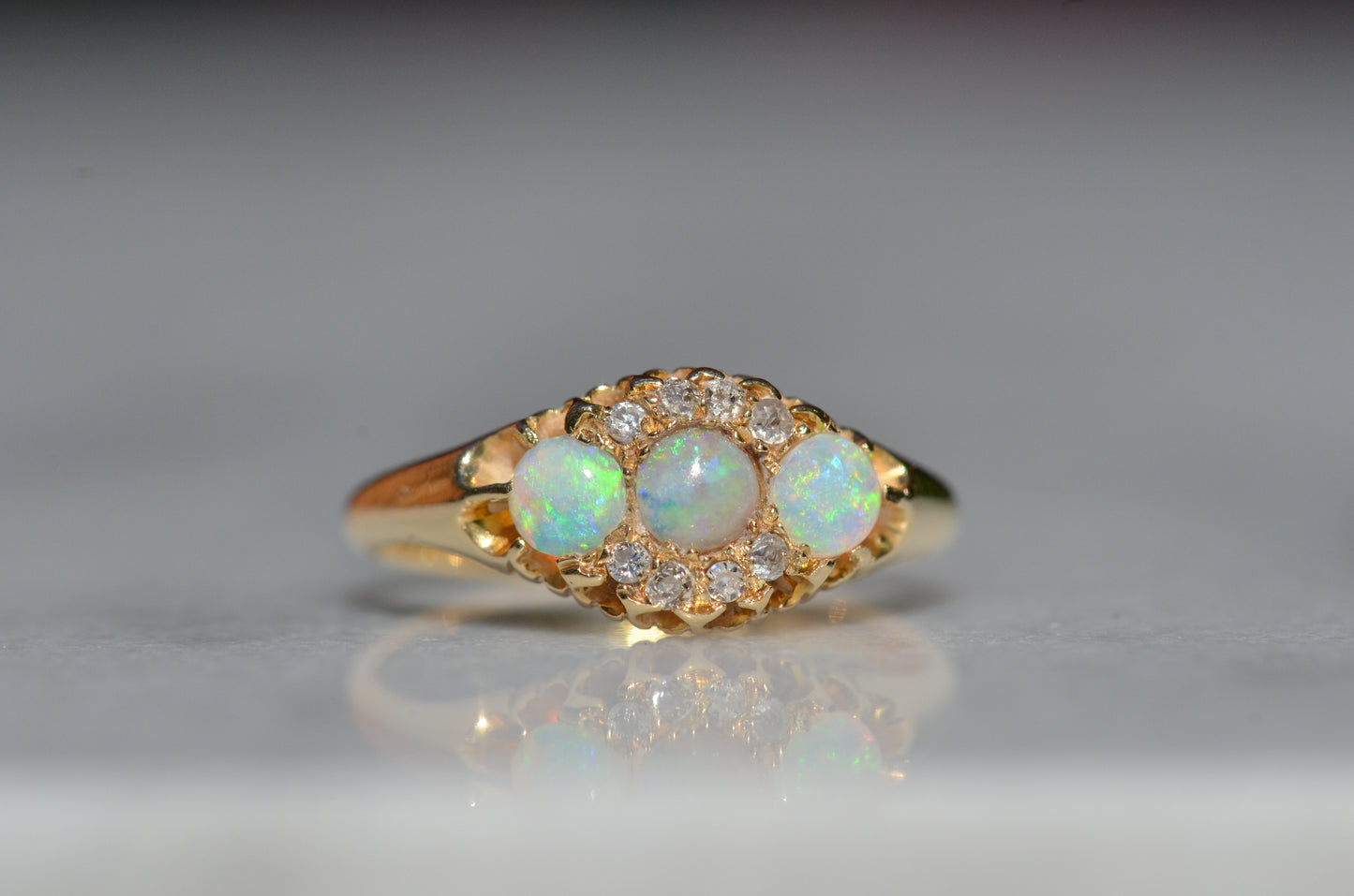 Romantic Victorian Diamond and Opal Trilogy Ring