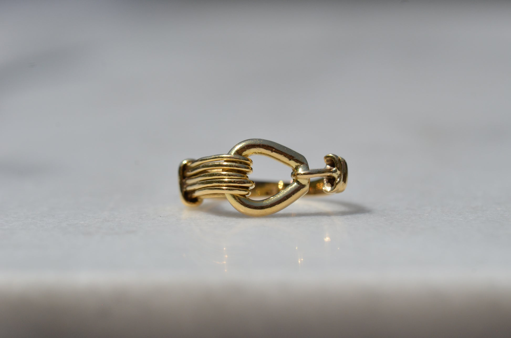 A closely cropped macro of a heavily detailed ring in the form of a stylized stirrup. Asymmetrically designed, an east-west oriented pear-shaped loop is held by wire detailing on each side.