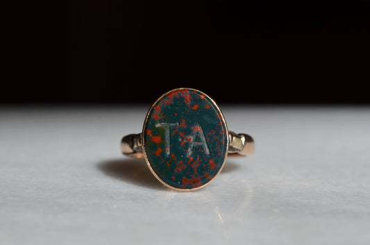 Engraved Antique Bloodstone Signet Ring TA