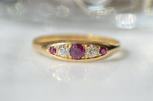 Vivid Antique Ruby and Diamond Boat Ring