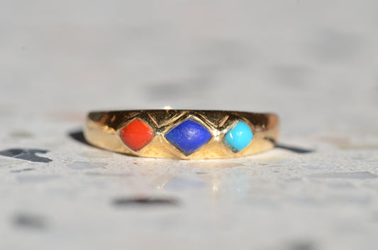 Antique-Inspired Lapis, Turquoise, and Carnelian Ring