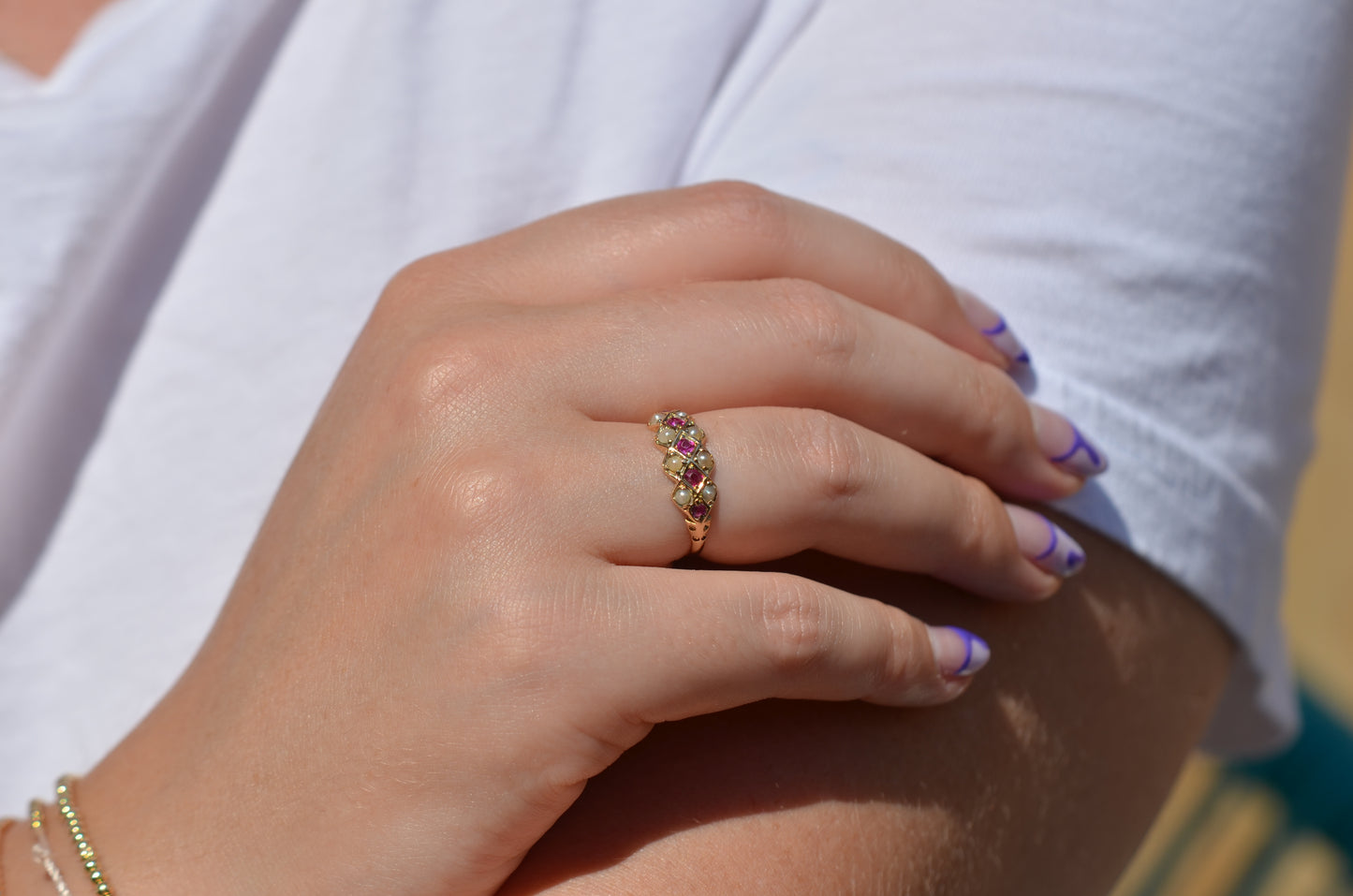 Chic Antique Pearl and Ruby Checkerboard Ring