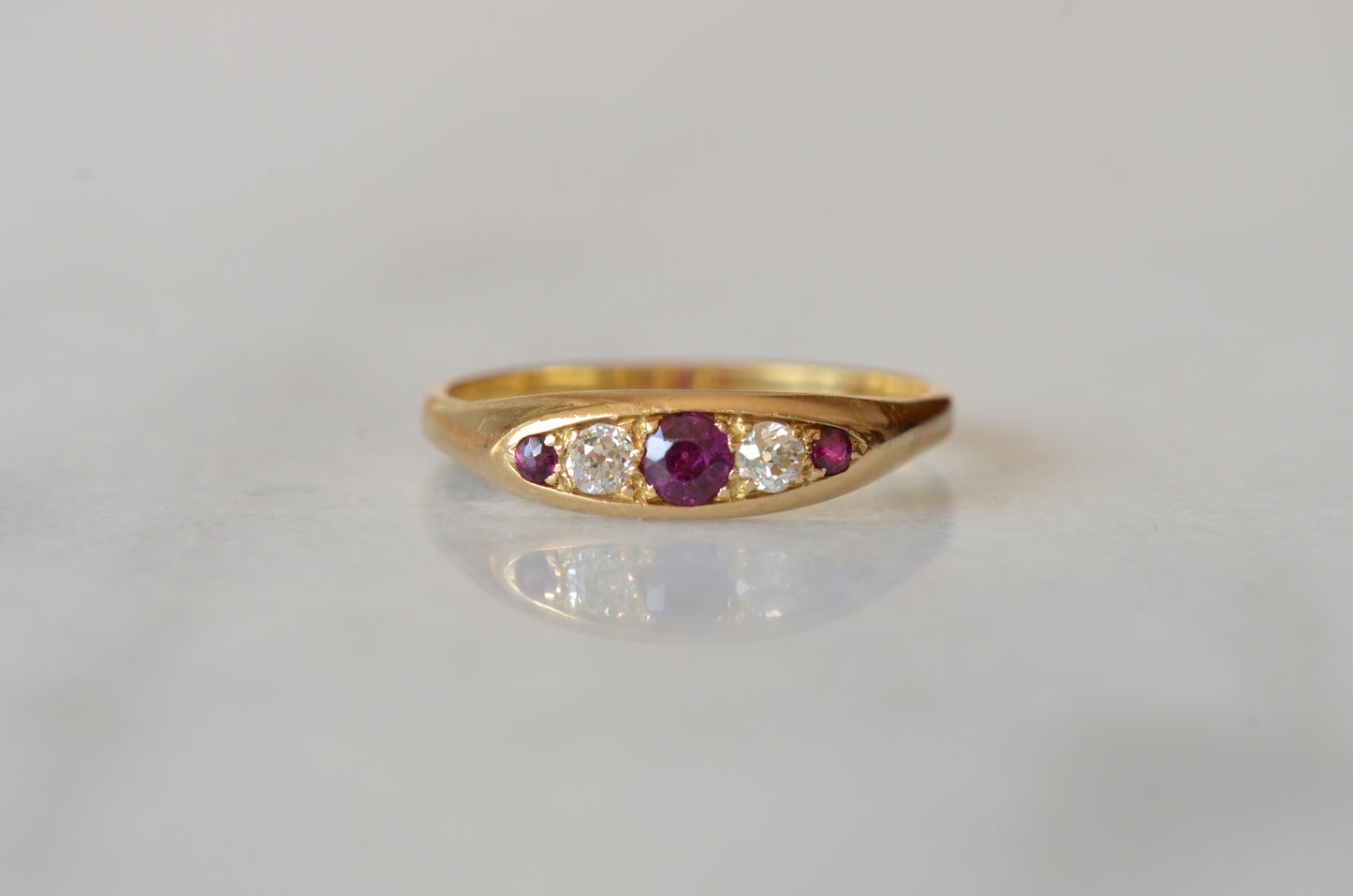 Vivid Antique Ruby and Diamond Boat Ring