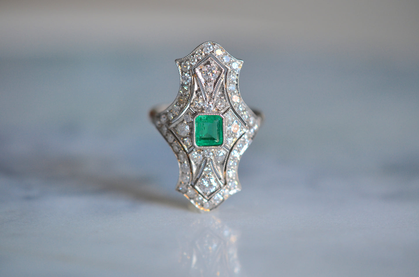 Incredible Edwardian Style Diamond and Emerald Dinner Ring