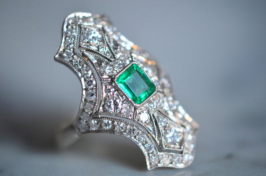 Incredible Edwardian Style Diamond and Emerald Dinner Ring