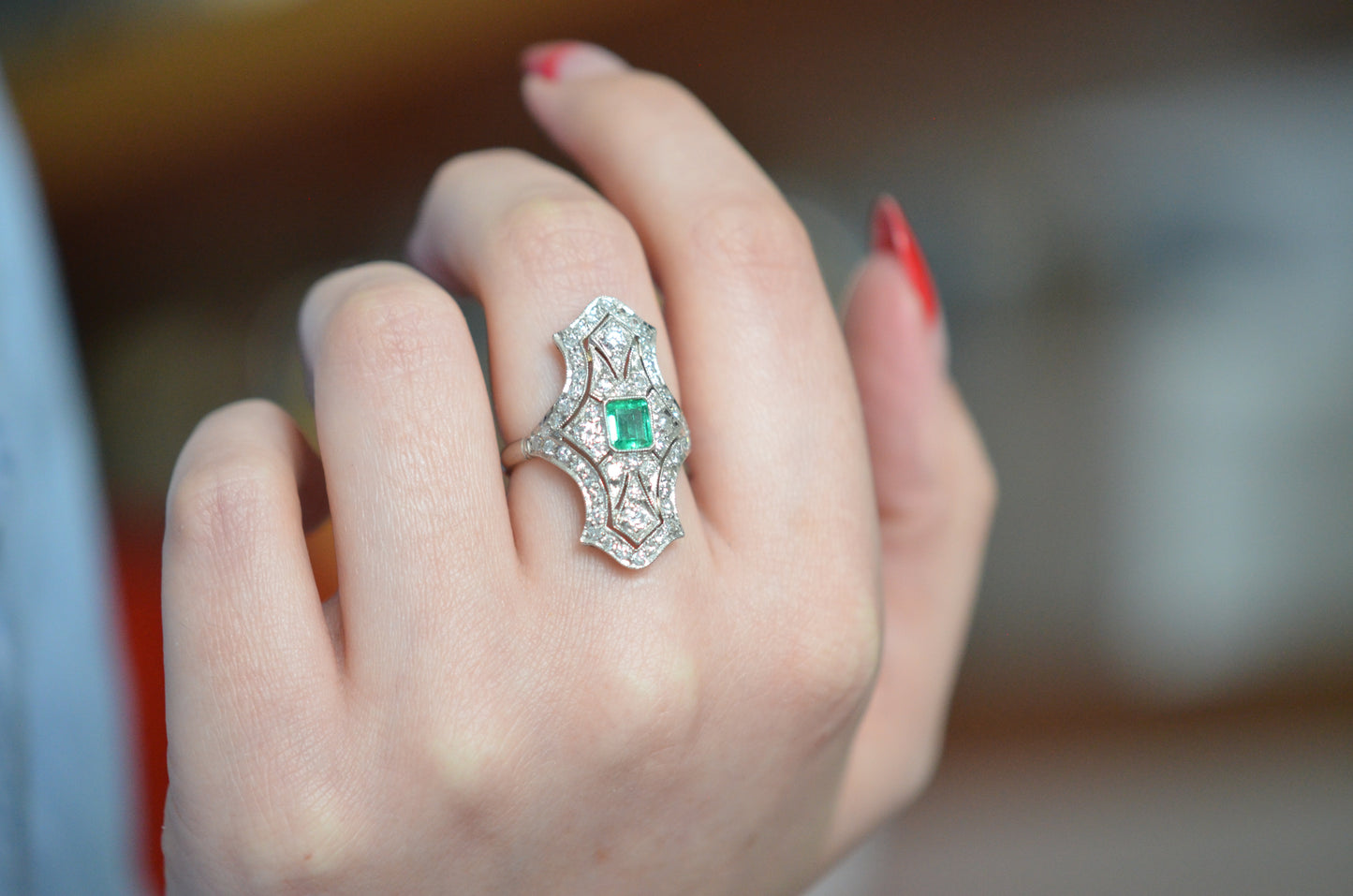 Incredible Edwardian Style Diamond and Emerald Dinner Ring