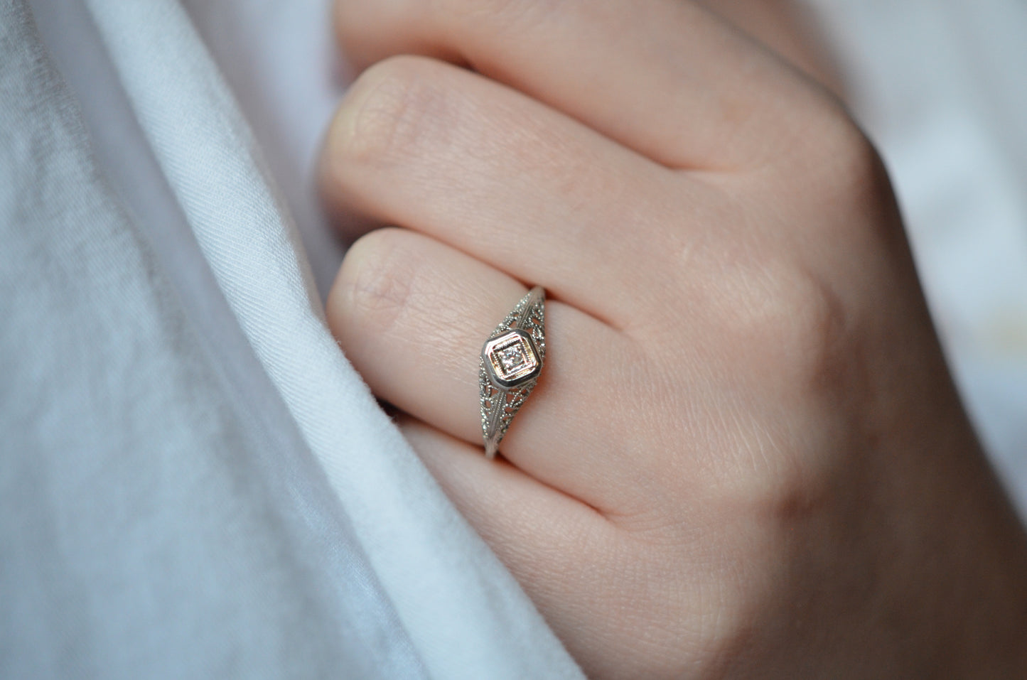Dainty Signed Art Deco Engagement Ring
