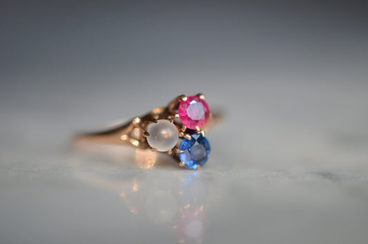 Delicate Moonstone, Ruby, and Sapphire Clover Ring