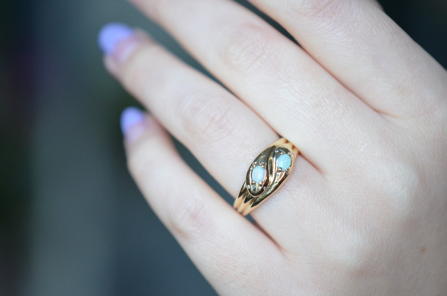 Sweet Victorian-Style Opal Double Snake Ring