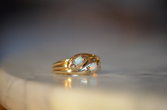 Sweet Victorian-Style Opal Double Snake Ring