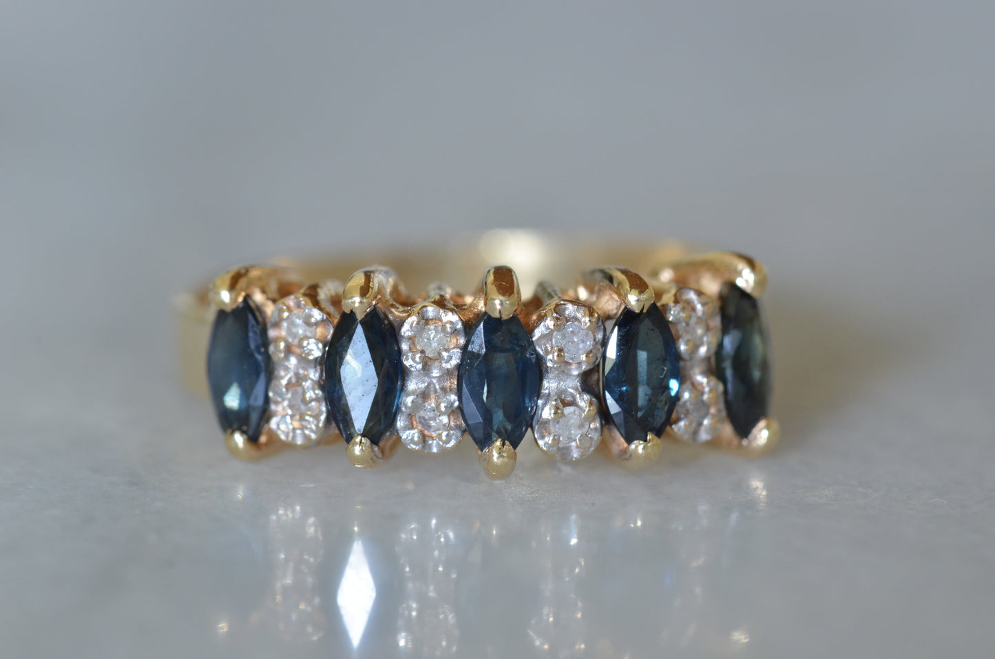 Inky Marquise Sapphire and Diamond Vintage Ring