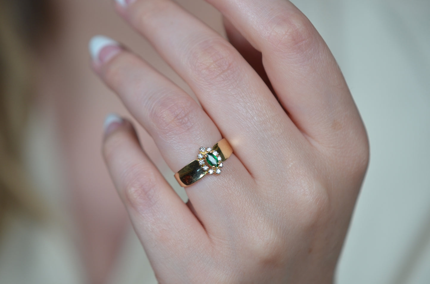 Striking Vintage Emerald Marquise Halo Ring