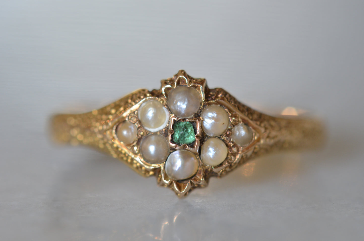 Remarkable Antique Pearl and Emerald Cluster Ring