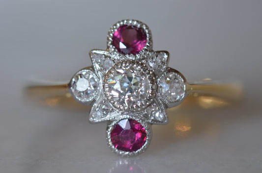 Standout Geometric Deco Diamond and Ruby Ring