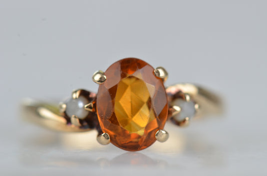 Golden Vintage Citrine and Pearl Ring