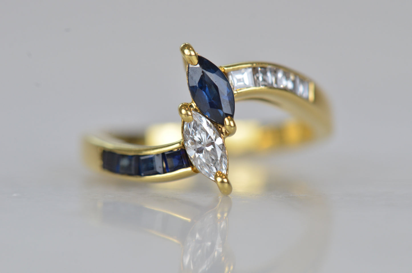 Striking Vintage Sapphire and Diamond Marquise Toi et Moi