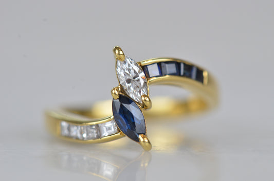 Striking Vintage Sapphire and Diamond Marquise Toi et Moi