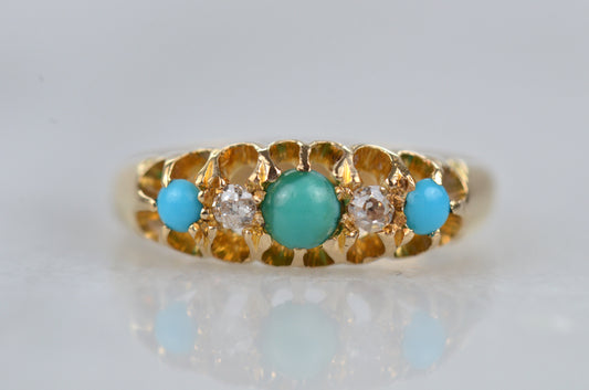 Vibrant Antique Turquoise and Diamond Ring