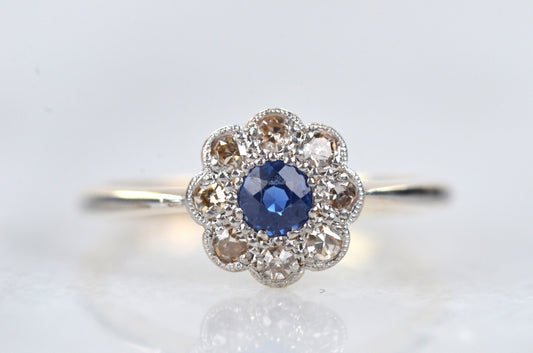 Vivid Edwardian Sapphire Daisy Ring 24-12-26