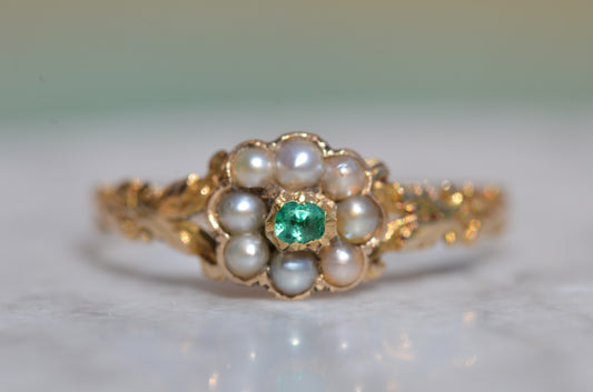 Exquisite Early Victorian Emerald Pearl Ring