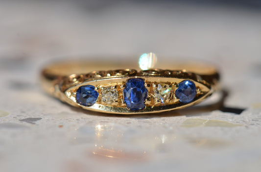 Vivid Edwardian Sapphire Diamond Boat Ring