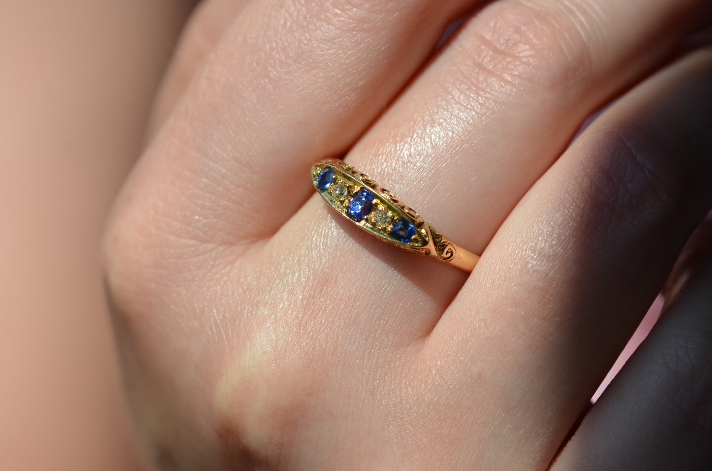 Vivid Edwardian Sapphire Diamond Boat Ring