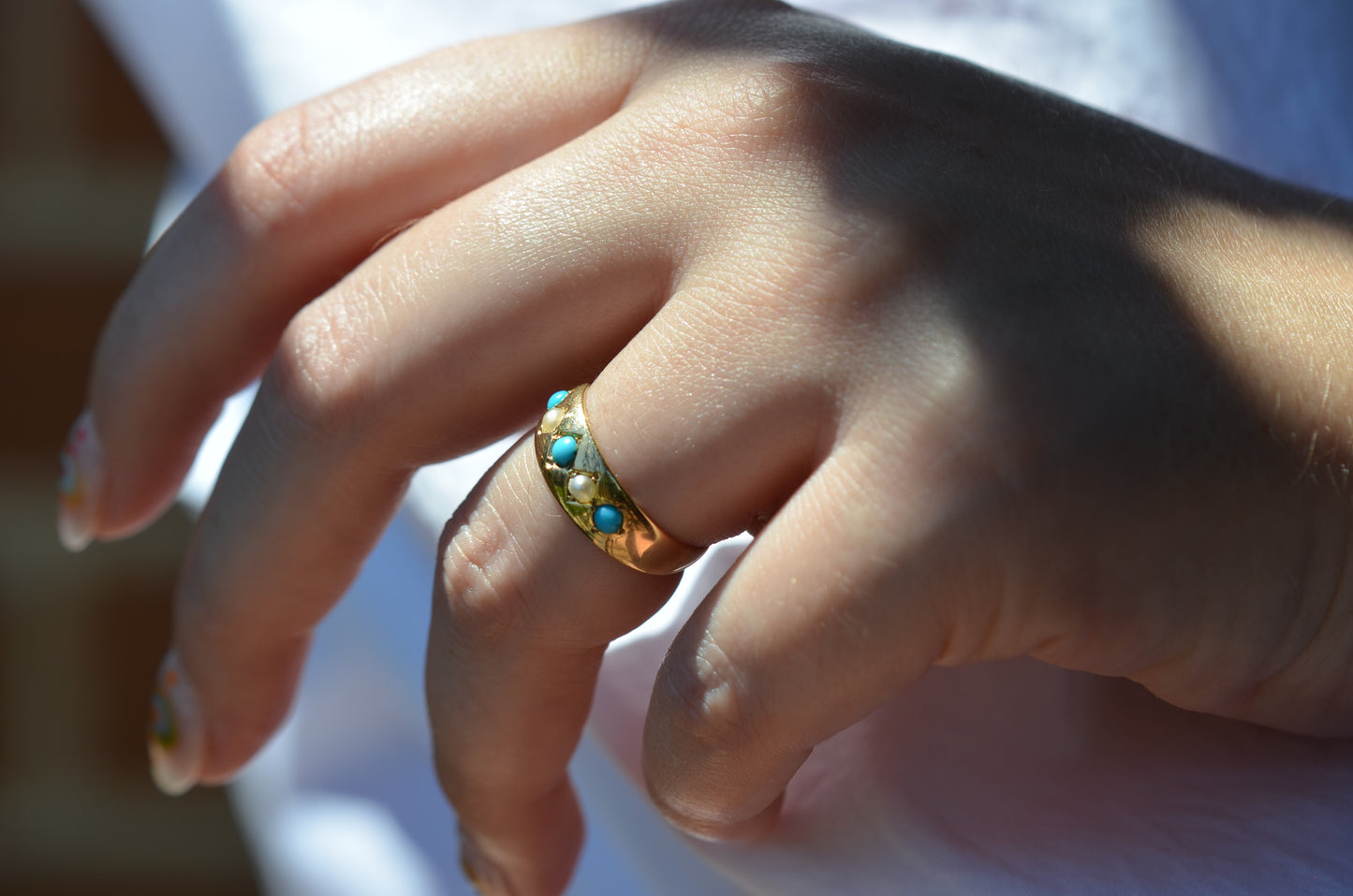 Elegant Antique Turquoise and Pearl Ring