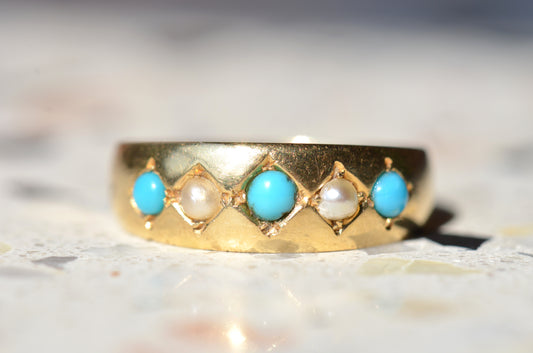 Elegant Antique Turquoise and Pearl Ring