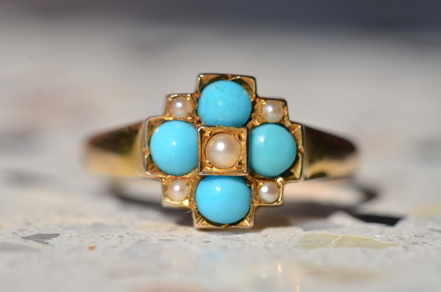 Stunning Antique Pearl and Turquoise Cluster Ring